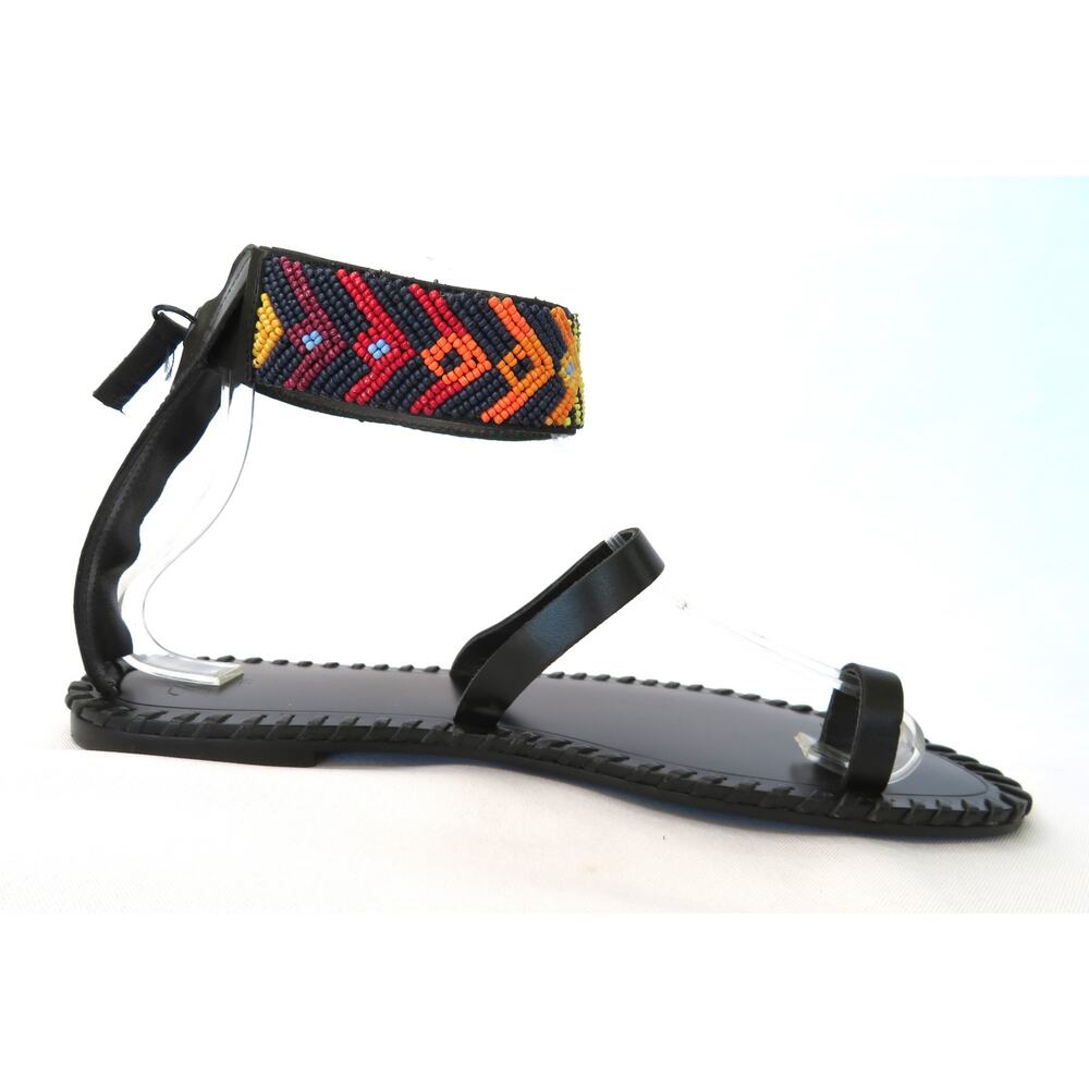 New ZARA Black Leather Ethnic Beaded Ankle Strap Toe Loop Flat Sandals 8 EU 39